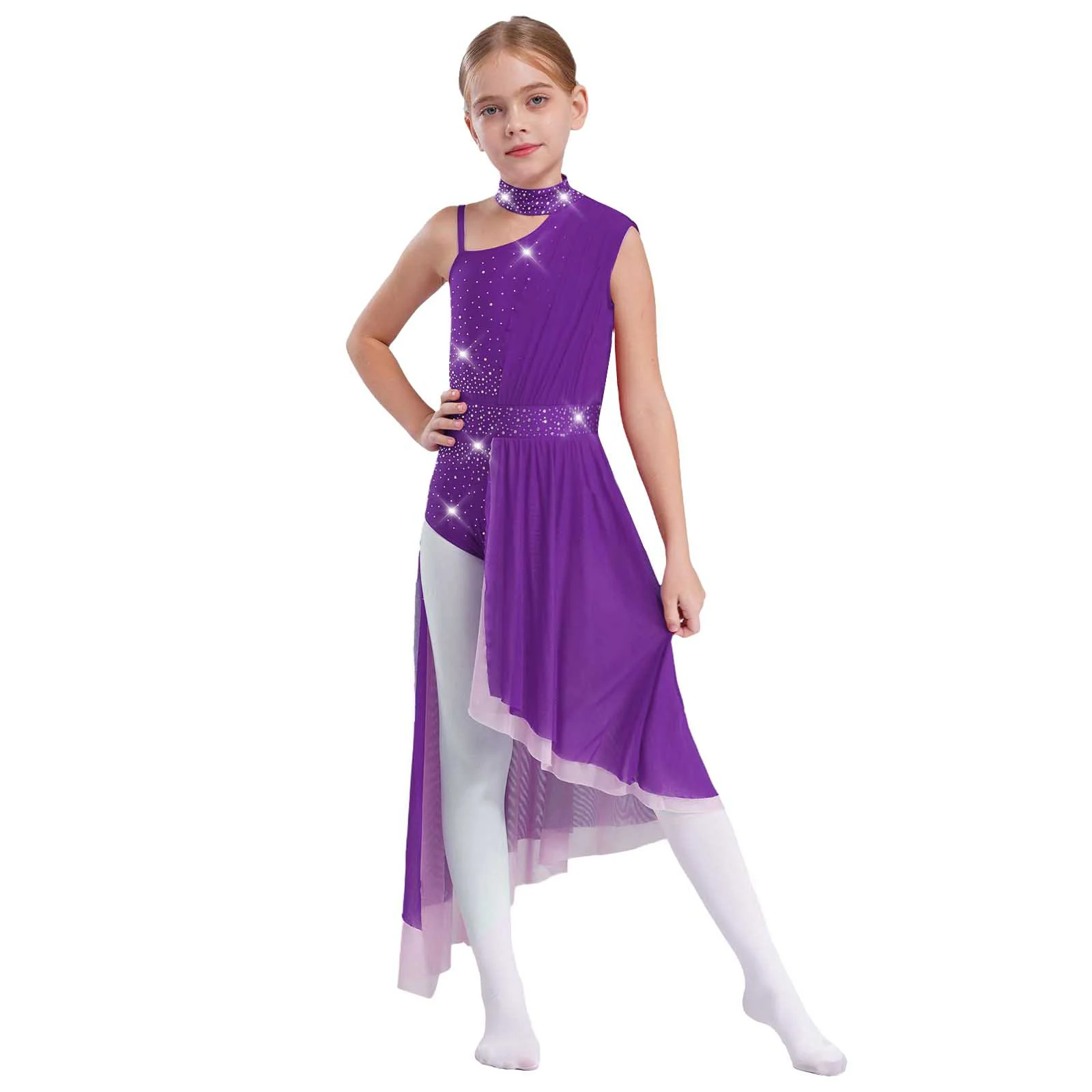 Costume da pattinaggio su ghiaccio moderno lirico per bambini Costume da balletto con strass Body da ginnastica per ragazze Abito da pattinaggio di figura