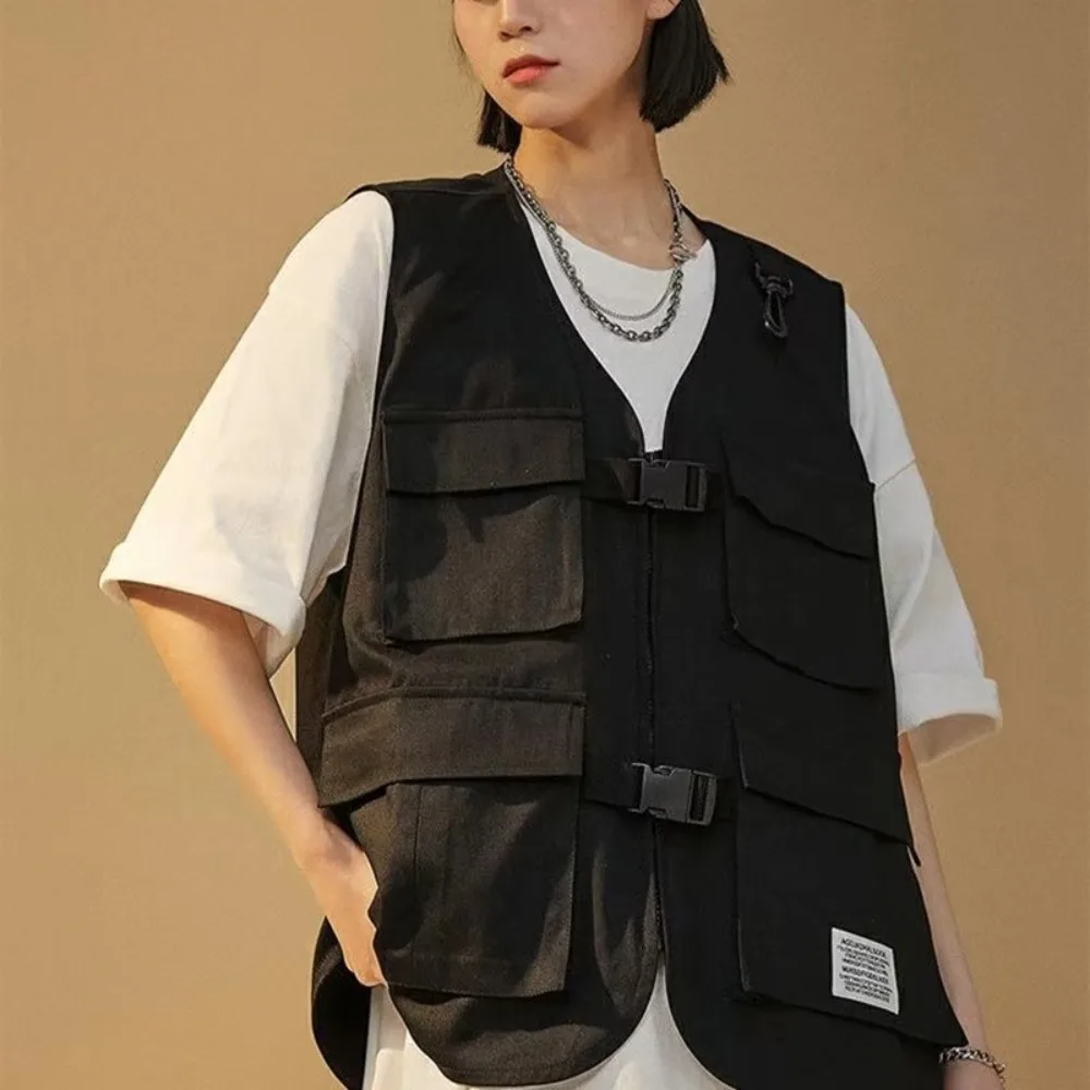 Women Vest Large Pockets Outfit Fashion Cargo Style Ins Japanese Streetwear BF Unisex Summer Teenagers All-match Basic Hip Hop