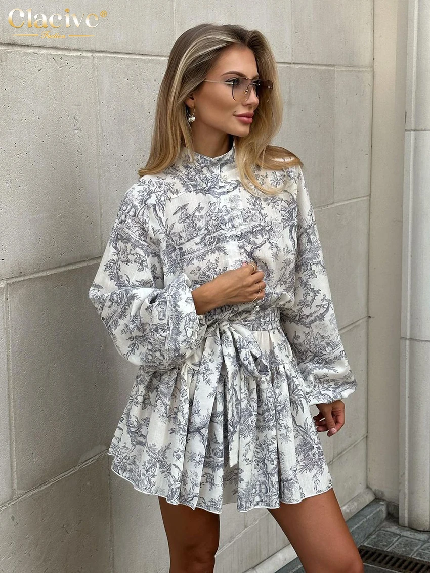 Clacive Casaul Loose Print Women\'S Dress 2023 Fashion Stand Collar Puff Sleeve Mini Dresses Elegant Lace-Up Pleated Female Dress