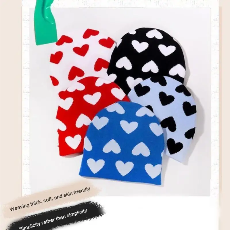 p9fe 성인 십대 심장 패턴 니트 비니 모자 겨울 방풍 스키 사이클링 모자