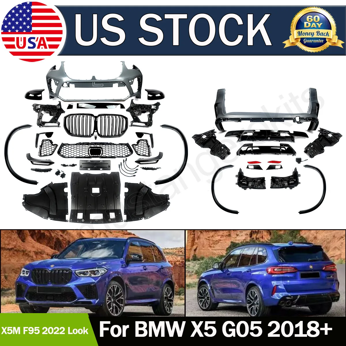 

For BMW X5 G05 X5M Sport 4-door 2018 2019 2020 2021 2022 Front Rear Bumper Middle Grille Front Surround Facelift Full Body Kits