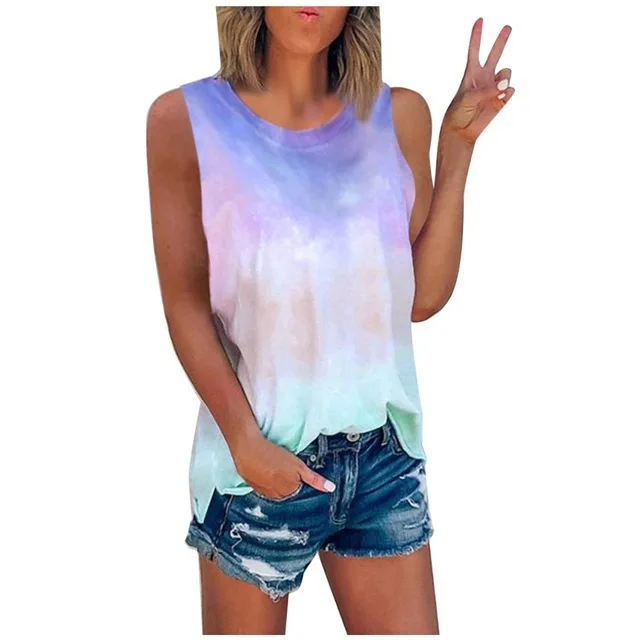 Summer Tie Dye Gradient 3D Print Tank Tops Women Fashion Streetwear Oversized O-Neck Vest Off Shoulder Sleeveless Woman Camisole