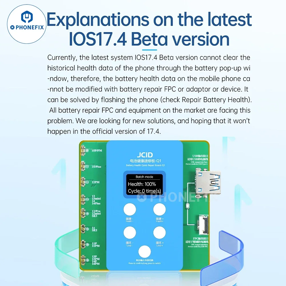 JC JCID Q1-Carte de réparation rapide de la santé de la batterie, pour iPhone 11-15Pro MAX, Fenêtre de résolution, Pop-up, Modifier l\'embauche de la