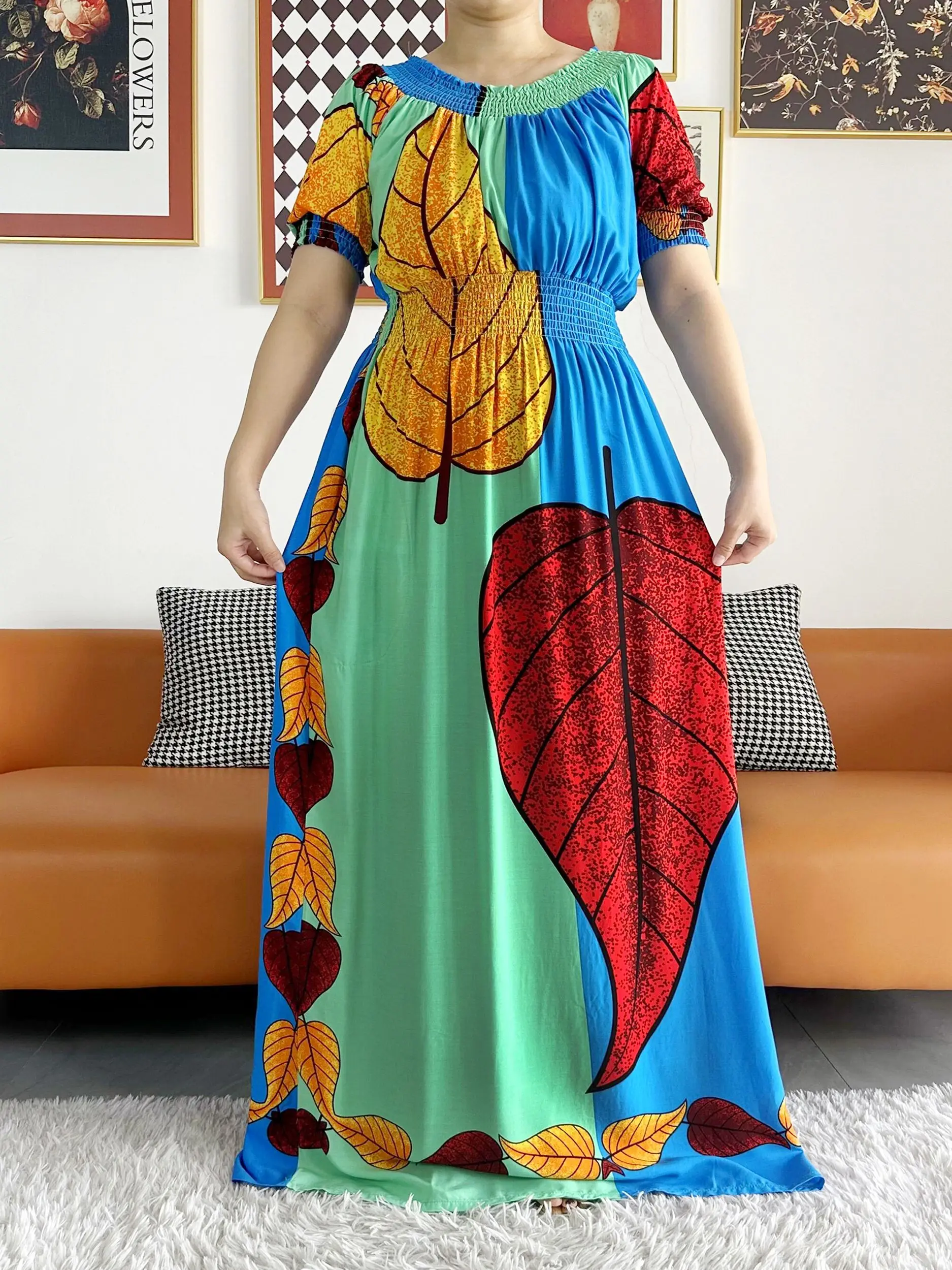 2023 Party Dress Muslim Women Summer Short Sleeve Dress Collect Waist Floral Boubou Maxi Islam Women Dress African Abaya Clothes