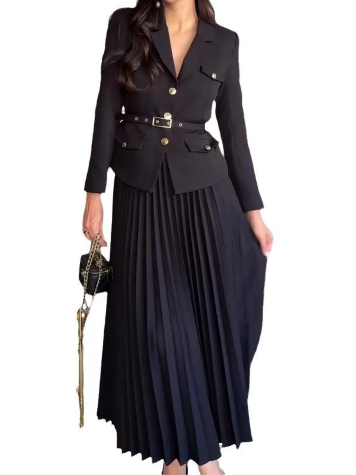 

Ele Collared Suit Jaet And Skirt Set Pleated Long Sve Casual Faion Ensemble for Women Polyester Material