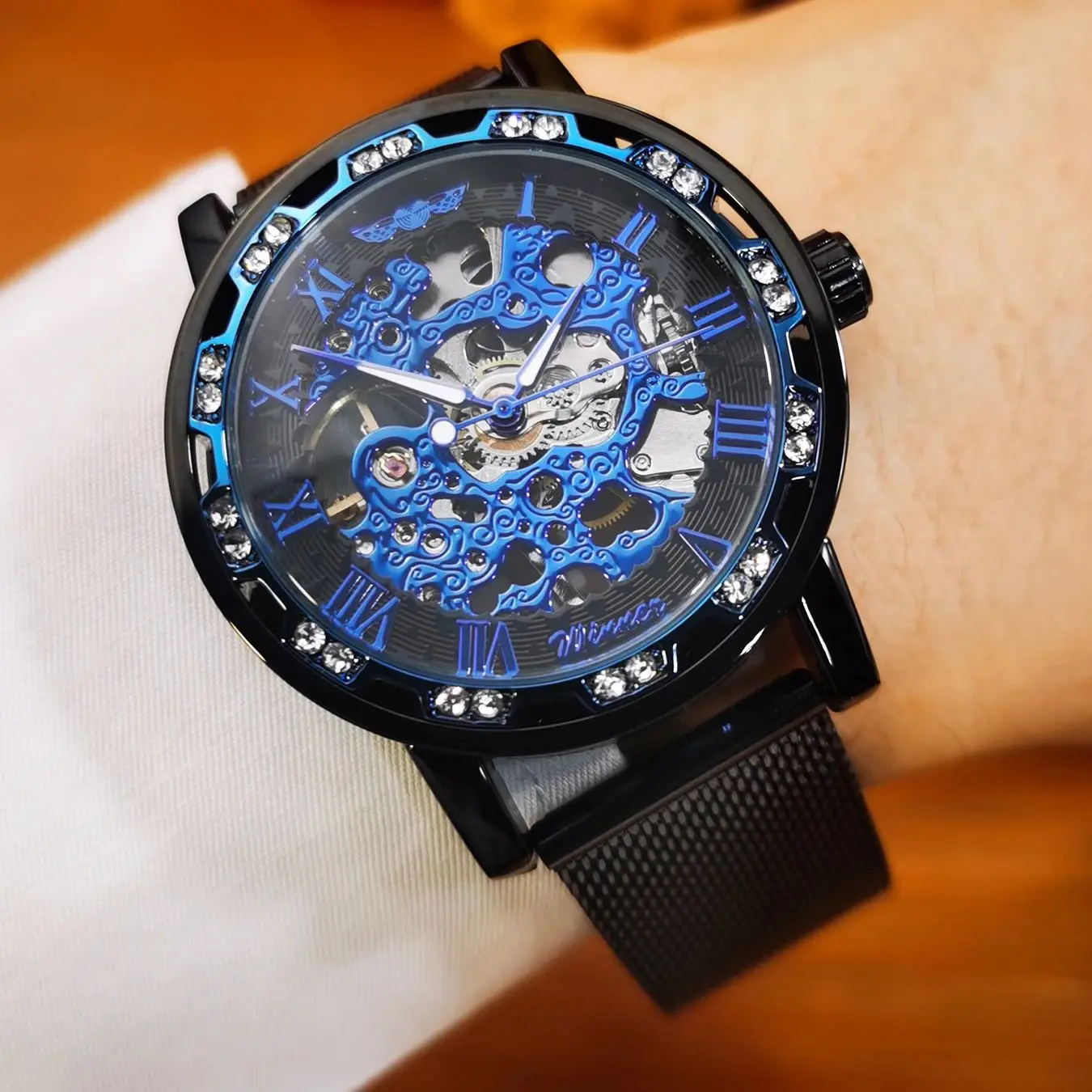 WINNER Classic Skeleton Hand Winding Mechanical Watch for Men Mesh Stainless Steel Strap Business Mens Watches Top Brand Gifts
