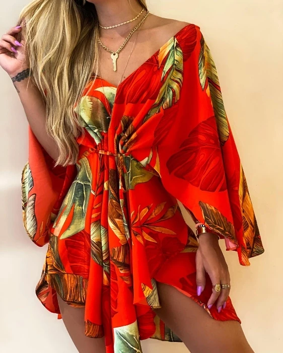 

Casual Dresses for Women New Fashion Short Sleeved Printed Urban Style Spring Summer Bat Sleeve Elegant Sexy V-Neck Mini Dress