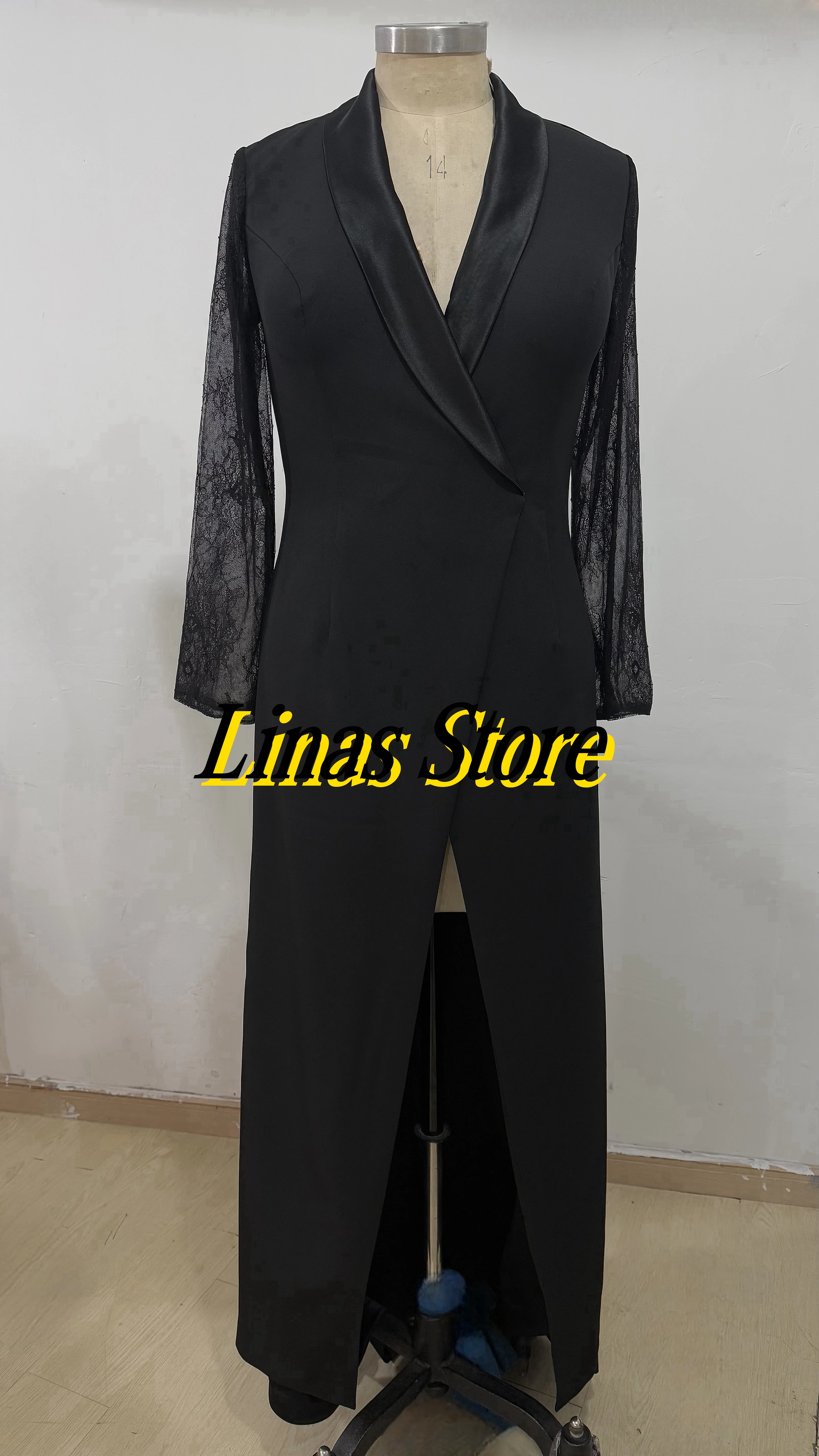 2024 Mother of the Bride Dress V-Neck Floor- Length Length Sleeve Lace Split Front  Stretch Fabric Wedding Guest Elegant Casual