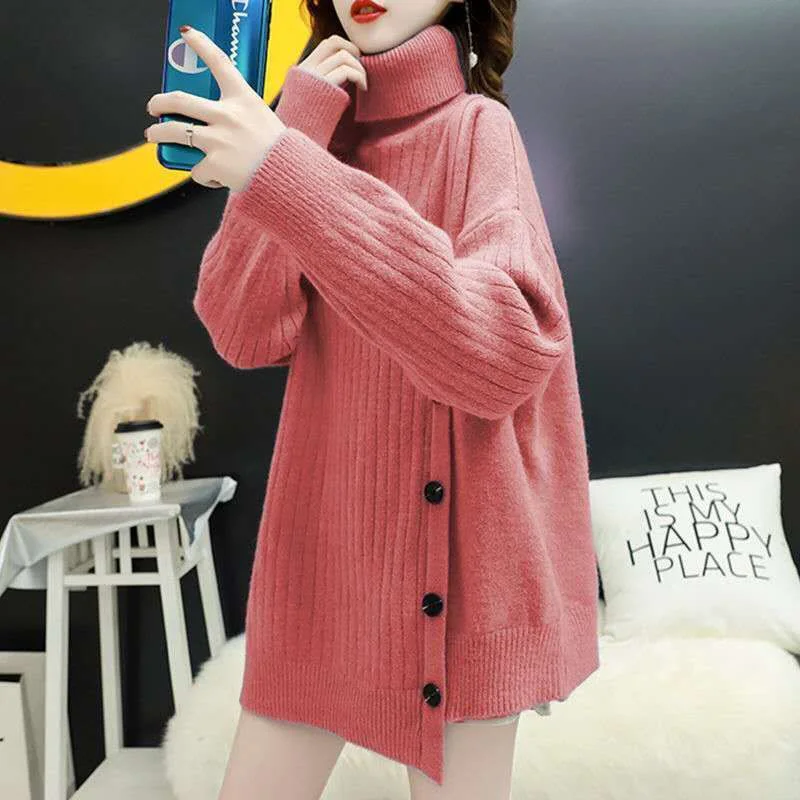 

Fashion Turtleneck Knitted Loose Irregular Sweaters Female Clothing 2023 Autumn New Casual Pullovers Asymmetrical Tops