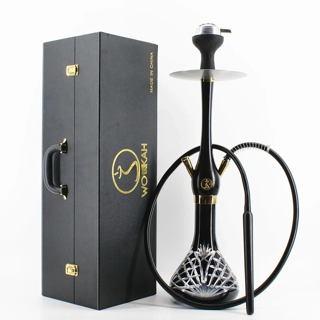 خرطوم واحد زجاجي من الفولاذ المقاوم للصدأ مخصص، شيشة كبيرة الحجم، تغليف صندوق هدايا جلدي فخم