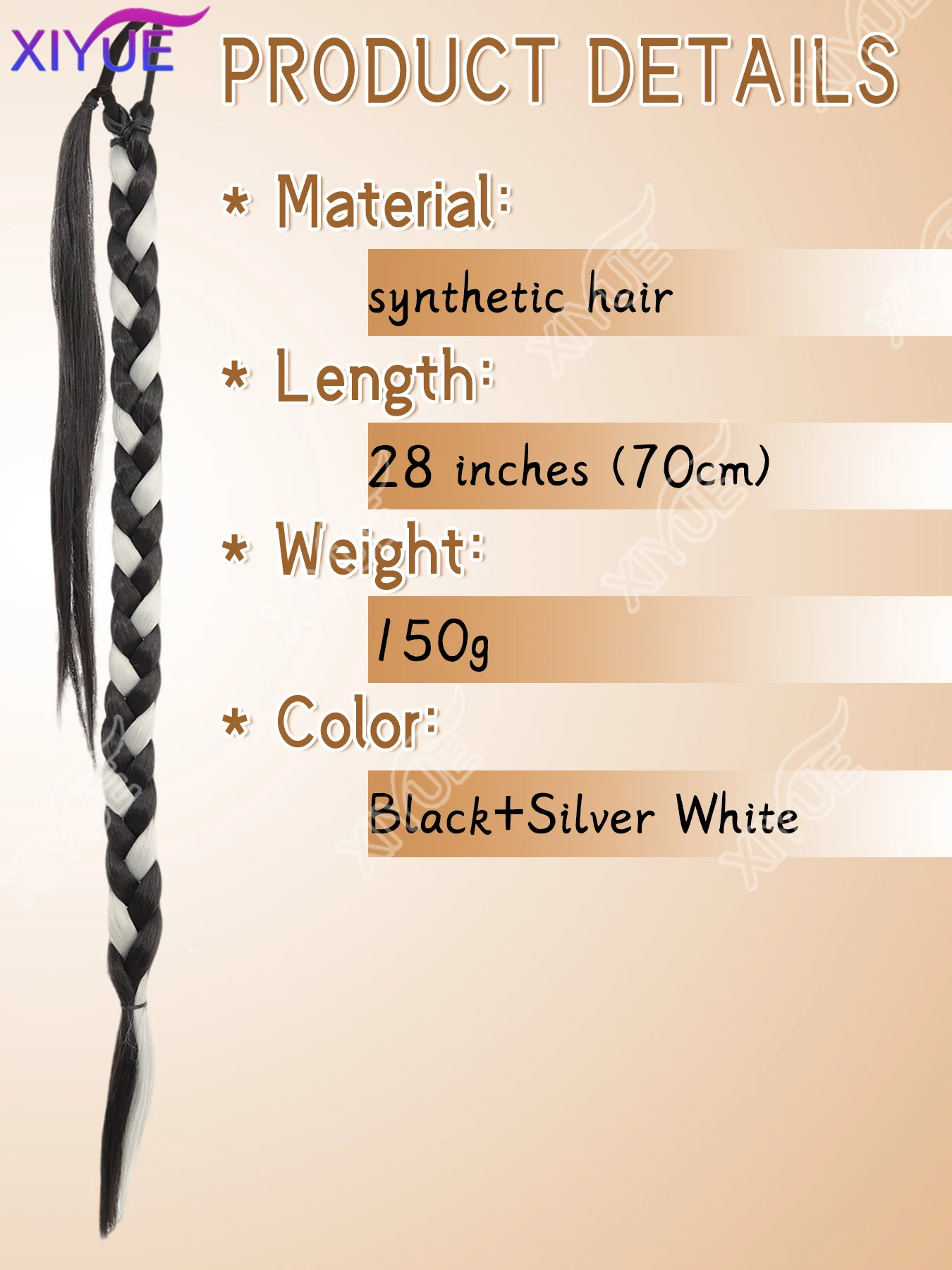 XIYUE PONYTAIL EXTENSIONS SYNTHETIC BOXING BRAIDS PONYTAIL WITH RUBBER BAND BLACK/SILVER-WHITE PONYTAIL FOR WOMEN