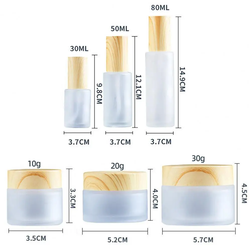 Botella vacía de 30ml, 50ml, 80ml, 10g, 20g, 30g, superficie mate que ahorra espacio con tapa de grano de madera, botella de Spray de cosméticos de vidrio para viajes