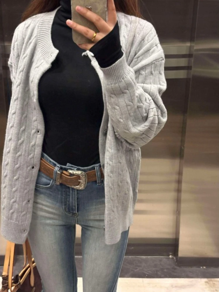 Loose Korean Style Grey Knitted Sweater Women's Spring round Neck Long Sleeve Soft Outerwear Cardigan Top Casual Commute