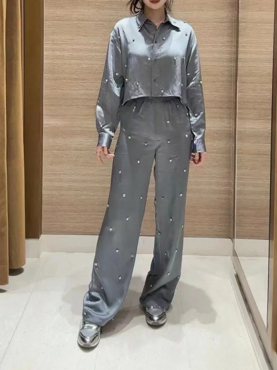 Conjunto de satén con decoración de diamantes para mujer, Blusa de manga larga con un solo pecho y cuello vuelto, pantalones largos rectos con cintura elástica