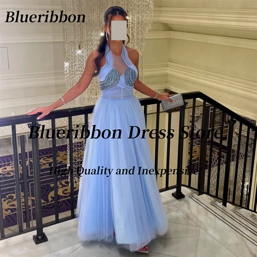 Blueribbon Sky Blue Tulle Prom Dresses Halter Neck Beaded Sexy Backless Homecoming Party Girls Wear A Line Formal Occasion Dress