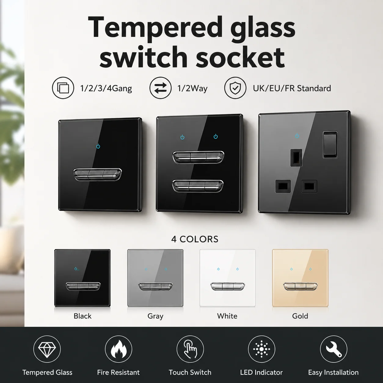 Tempered glass switch socket  Multi-type Wall Switch Socket UK/EU/FR Standard 1/2/3/4 Gang 1/2 Way Electrical Outlet