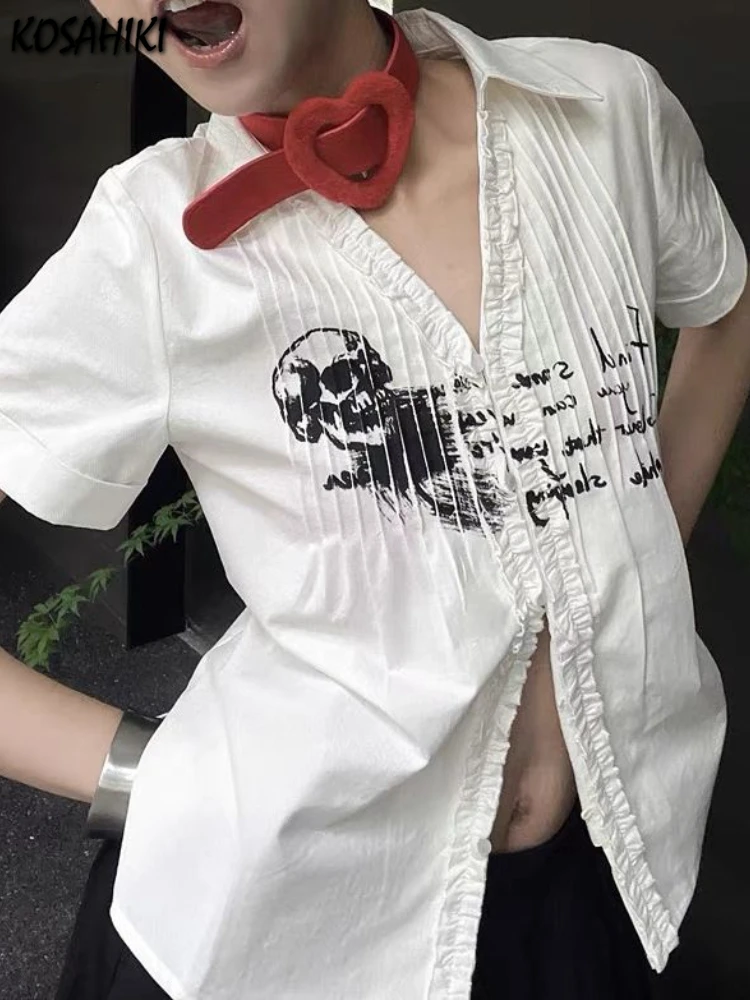 Y2k Aesthetic Women Skeleton Letter Blouse Summer White Single Breasted Loose Grunge Shirt Harajuku Ruffled Streetwear Blusas