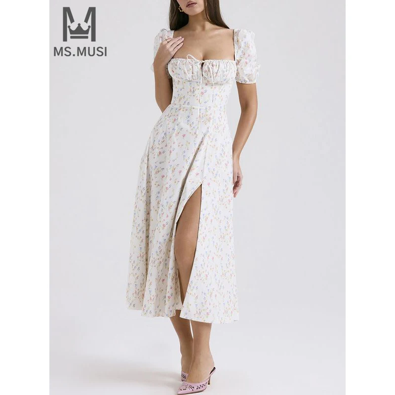 

MSMUSI 2024 New Fashion Women Sexy Square Neck Floral Printing Lace Up Short Sleeve Bodycon Party Club Event Slit Midi Dress