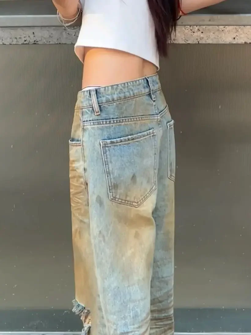 Streetwear Baggy Ripped กางเกงยีนส์ผู้หญิง Harajuku 90s Aesthetic Denim กางเกง Y2k Vintage Jean Cargo กางเกงขากว้าง Pantalones