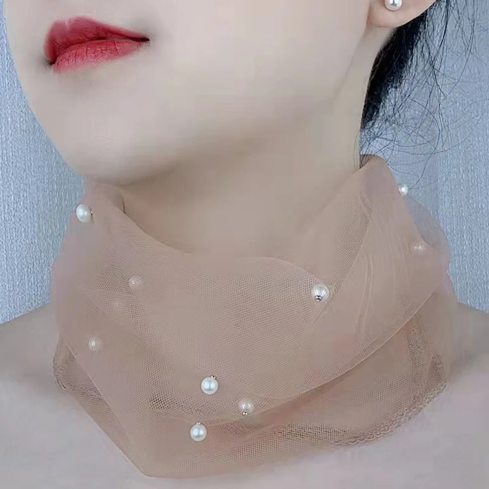 Bufandas protectoras solares para mujer, malla de perlas, cuello falso, cubierta de cuello con volante de cicatriz, hiyab elegante, diadema, primavera, verano, nuevo, 2024