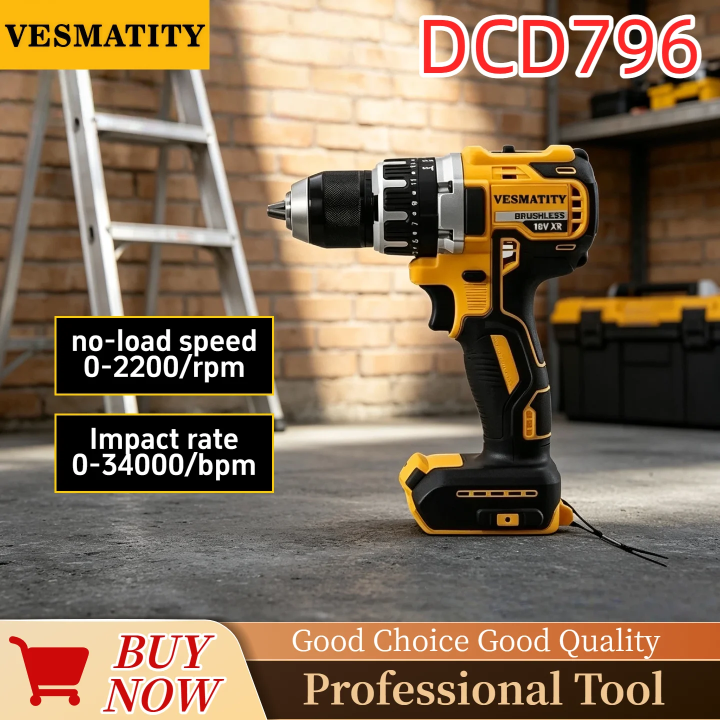 Vesmatity DCD796 70N.m Brushless Impact Drill 0‑2200RPM 34000BPM 14+1 Clutch 3/8
