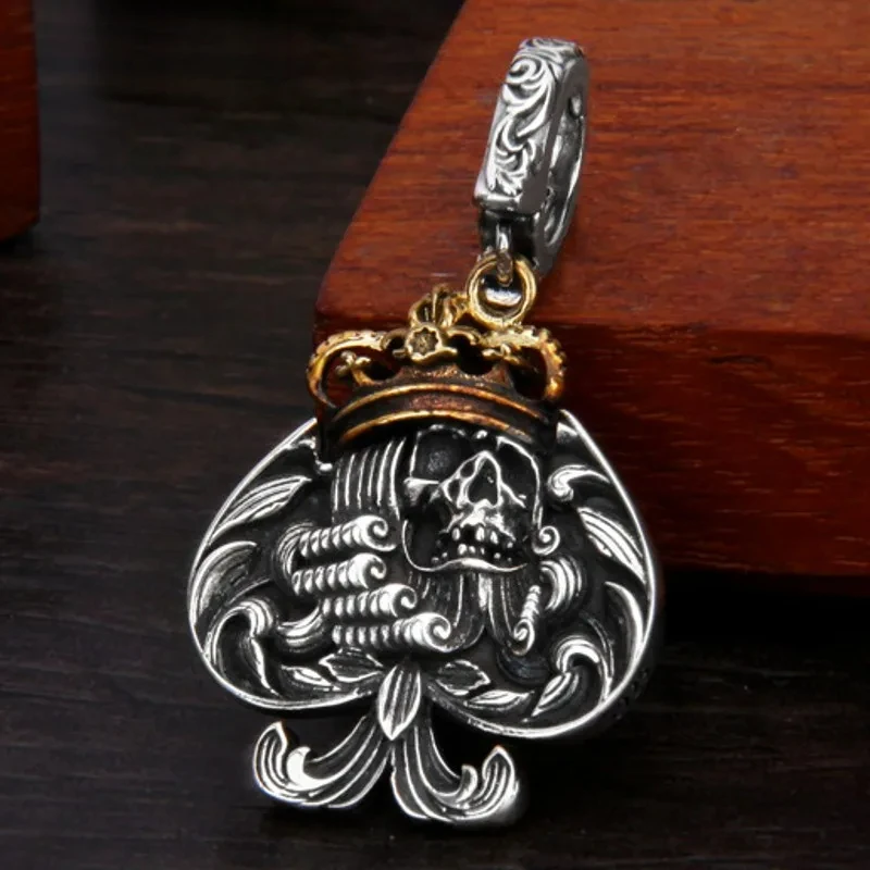 

NEW S925 Sterling Silver Vintage Personalized Tang Grass Pattern Skull Spade Pendant Gift For Men And Women Free Shippin