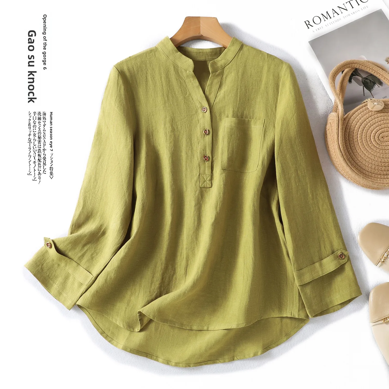 

Spring Artistic Women's Linen irt Casual Long Sve Collar Loose Design Sensation Small Size Friendly Faionable Top