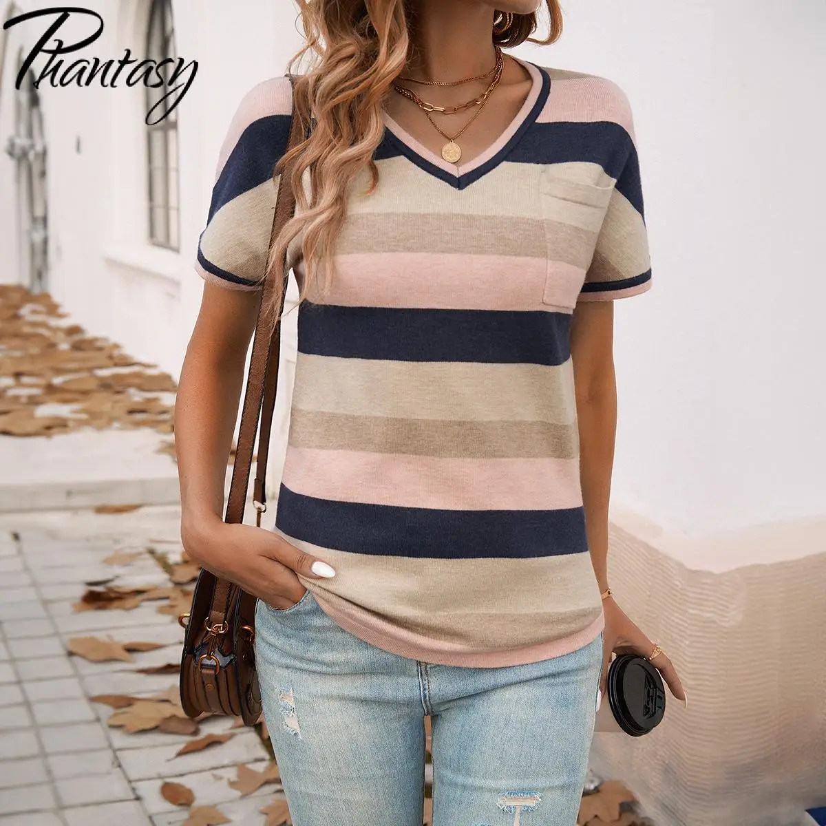 

Phantasy Spring Women T-Shirt Stripe Pattern Tops Elegant V Neck Knitted Tees Short Sleeved Outfit Streetwear Female Clothing