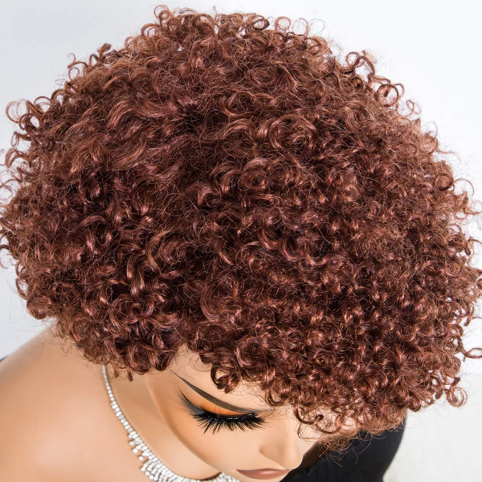 Lekker Natural Brown Short Pixie Cut Afro Kinky Curly Bob Human Hair Wig For Women Brazilian Remy Hair Full Machine  Colored Wig