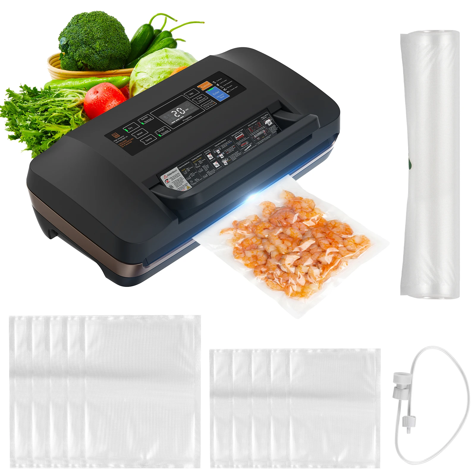 ماكينة سد الفراغات للطعام مع ضخ جاف/رطب/ختم لجميع تخزين المواد الغذائية بقوة شفط 85 كيلو باسكال سدادة أكياس الطعام مدمجة