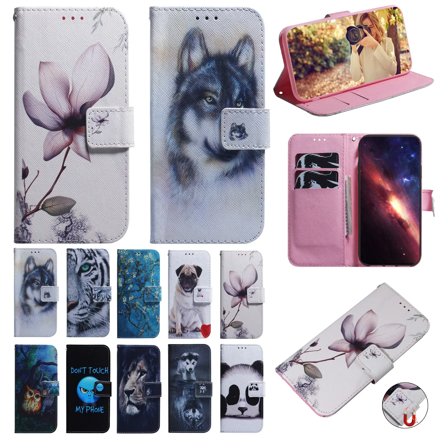 

Stand Flip Wallet Case For Huawei Y9 Y7 PRIME Y5 Y6 2019 Y5P Y6p Y8p y9S Y6 2018 Y7A Painted Protect Phone Cover