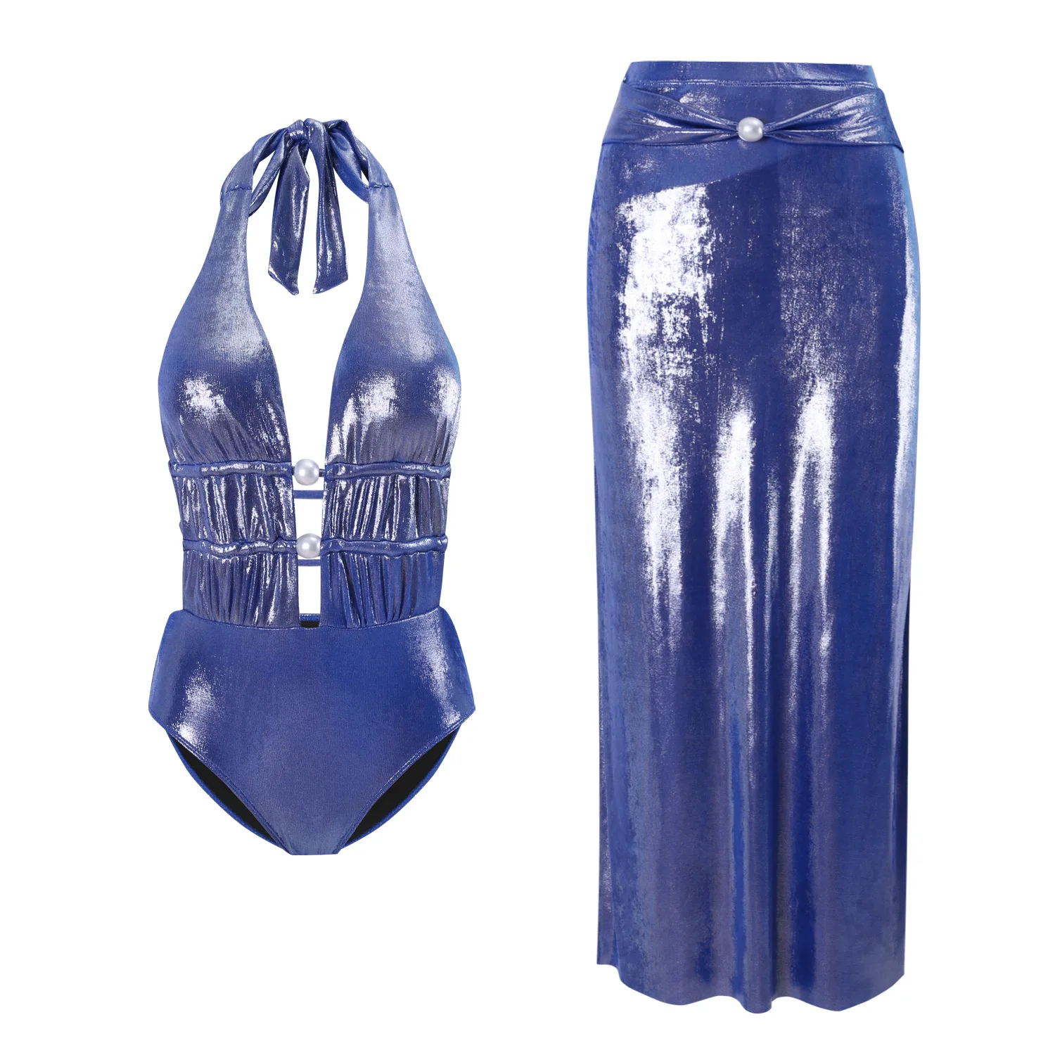 

One Piece Swimsuit For Women European And American Swimwear Fog Blue Glossy Deep V Neck Pearl One-piece Swimsuit Women