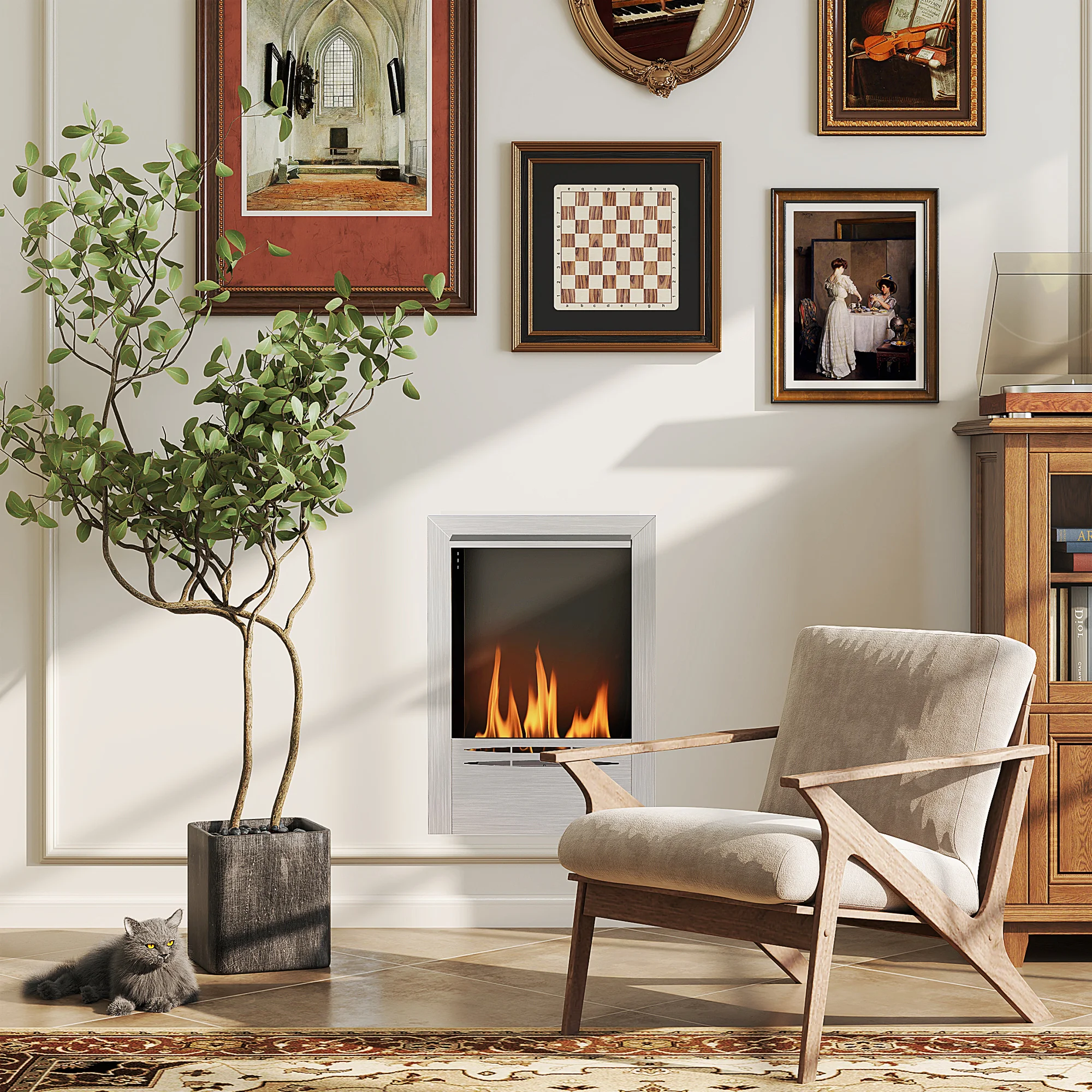 Chimenea De Bioetanol De Pared Homcom Con Quemador De 0,9 L Y 3,3 Horas De Autonomía, Integrada En Acero