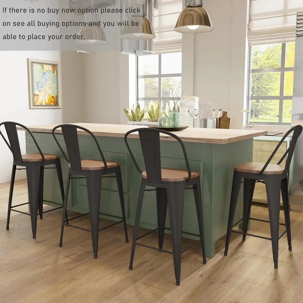 Set of 4 Farmhouse Bar Stools with High Back, 26-Inch Matte Black Metal Stools for Comfortable Kitchen Seating.