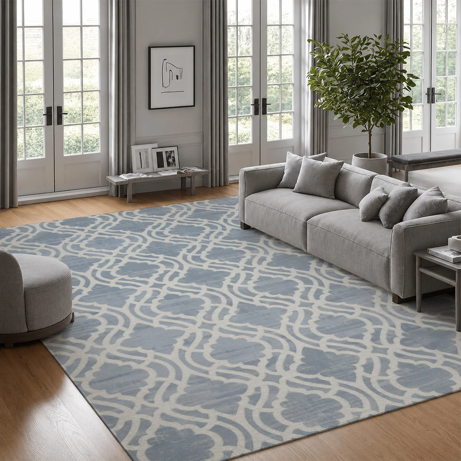 Large Indoor Area Rug, Soft Velvet Low Pile with Non-slip Dotted Backing, Machine Washable, Muted Light Blue White Trellis Pattern Rug for Living Room Bedroom