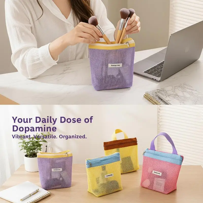 Summer Color-Blocked Mesh Makeup Bag - Soft Color Makeup Bag With Drain Holes - Large Shower Organizer - Travel Essentials