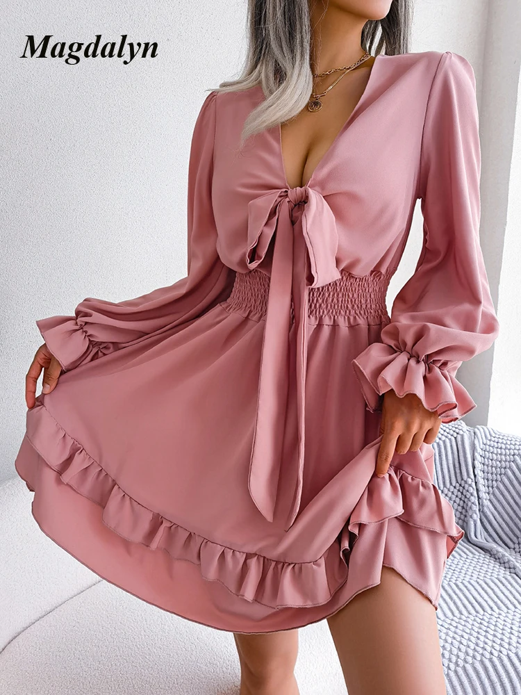 Magdalyn Spring Women Chiffon Ruffle Dress Fashion Long Flare Sleeve Elegant Vestidos Autumn Sreetwear Korean Bow A-Line Dresses