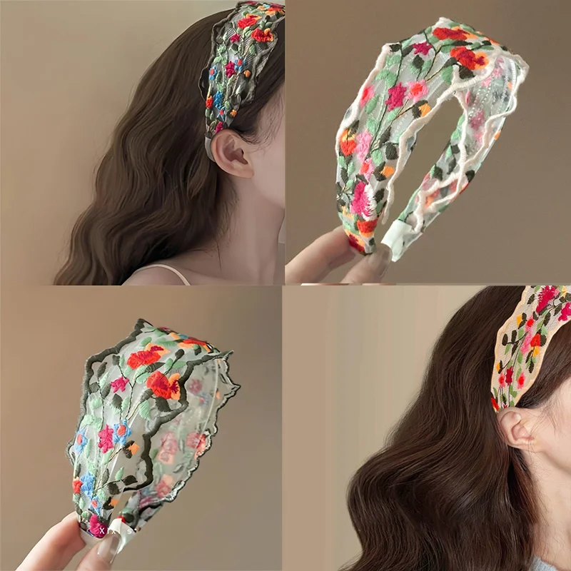 

Vintage Floral Embroidered Headband, Lace-Trimmed Wide Hair Band For Women