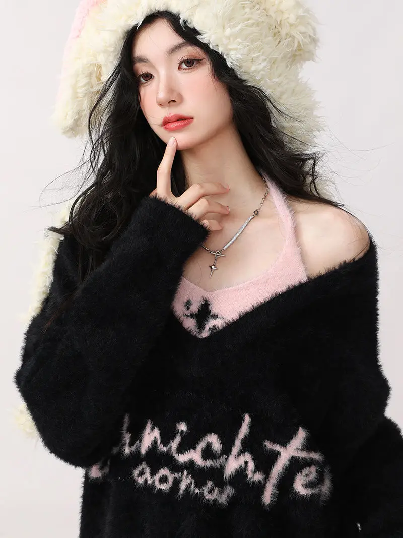 

Women's Fake Two Piece Spliced Hanging Neck Knit Sweater Spring Autumn Female Long Sleeved Knit Pullover Vintage Sweatshirt