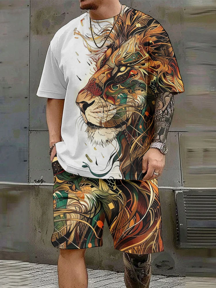 Casual Fashion Men's Short-sleeved Shorts Suit Majestic Lion Print Personalized Trend Two-piece Set Comfortable And Breathable