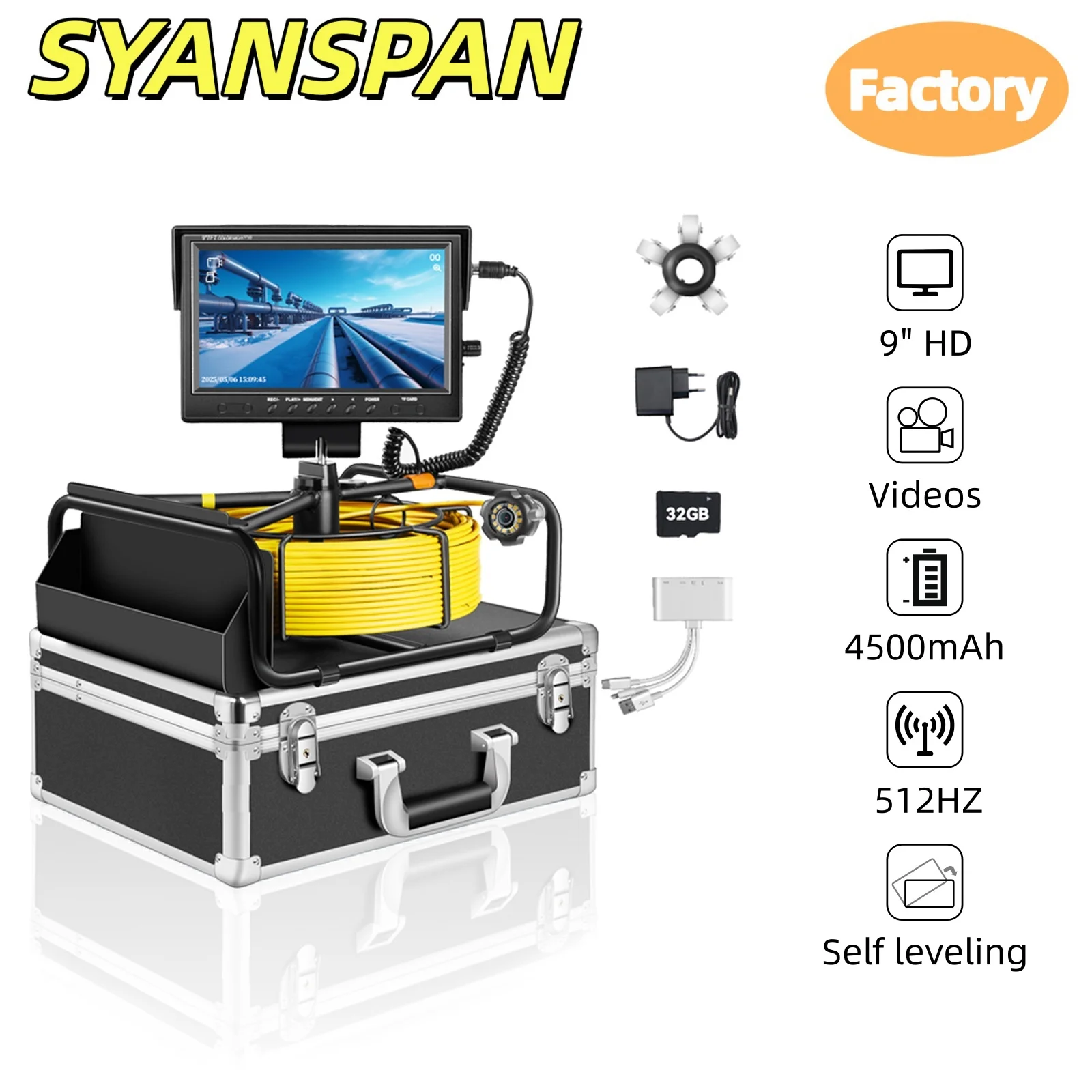 

SYANSPAN Sewer Camera 9inch HD1080P Monitor, 32GB DVR Drain Industrial Endoscope IP68 Equipped with Aluminum Box