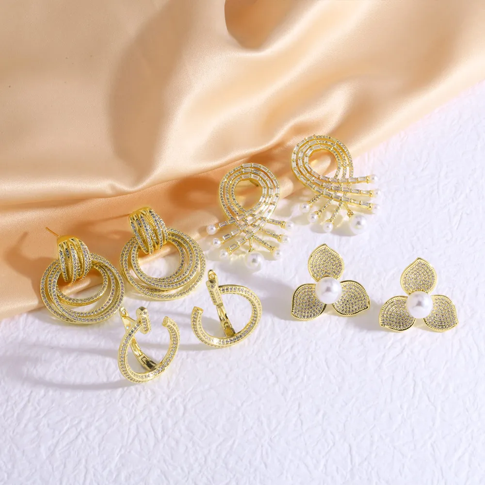 FLOLA كامل كريستال دائرة الأطواق استرخى أقراط للنساء مطلية بالذهب زهرة أقراط بيان مجوهرات هدايا ersr76