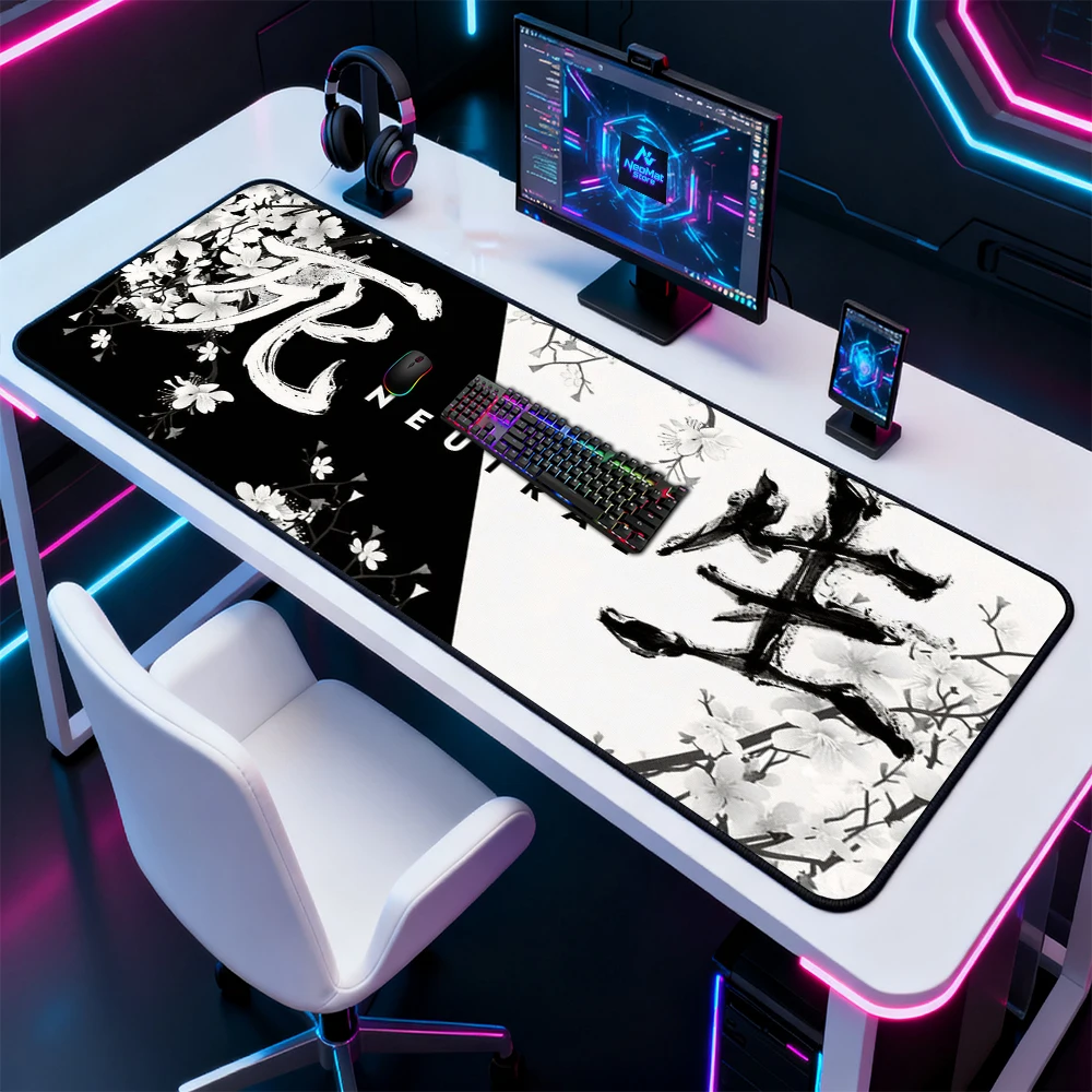 Chinese Letter Mousepad Black White Japan Cherry Blossom Mouse Pad Sakura Keyboard Pad Aesthetic Deskmat 160x60 Computer Mat