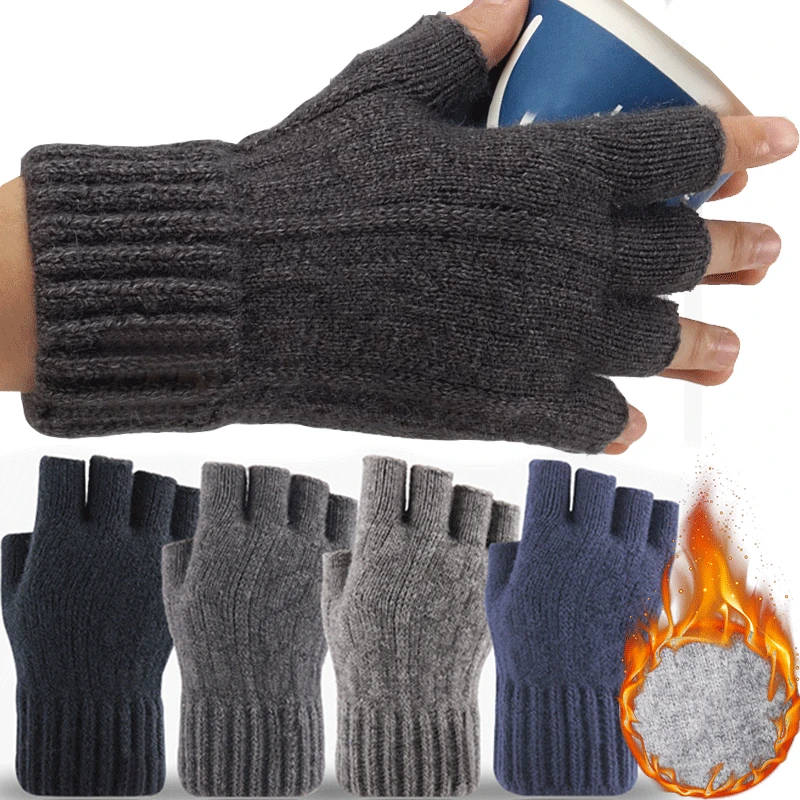 

Unisex Knitted Thick Thermal Half Finger Gloves Women Men Winter Outdoor Warm Wool Driving Fingerless Glove Touchscreen Mittens