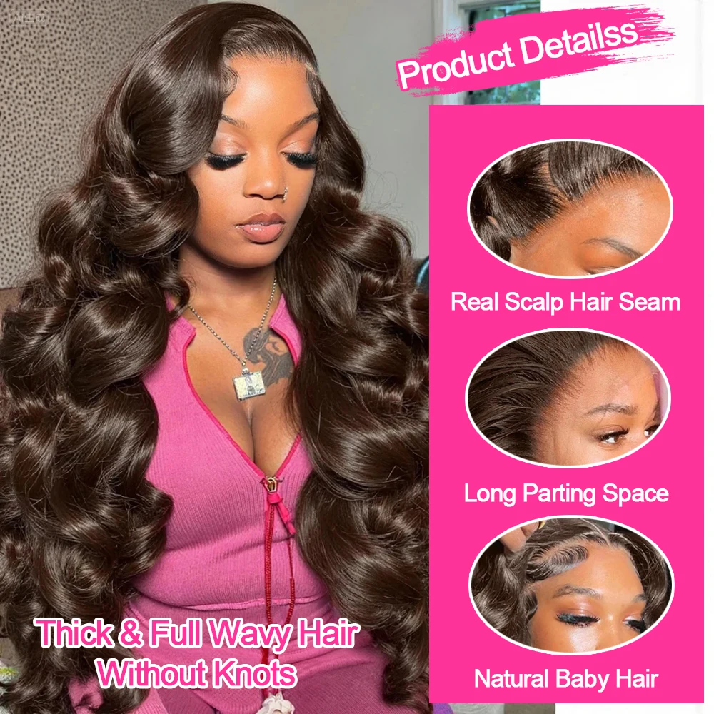 الجسم موجة 13x6 HD الدانتيل أمامي خصلات الشعر المستعار الإنسان 30 34 بوصة الشوكولاته براون الدانتيل أمامي 100% باروكة من شعر طبيعي قبل قطعها بني داكن #5