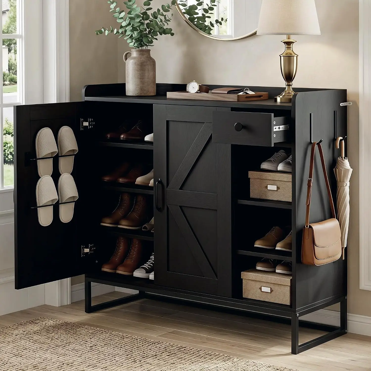 Farmhouse Shoe Cabinet Anti-Tip Anchor Adjustable Shelves Multi Compartments Rack Hooks Drawer Hallway Black, Customized