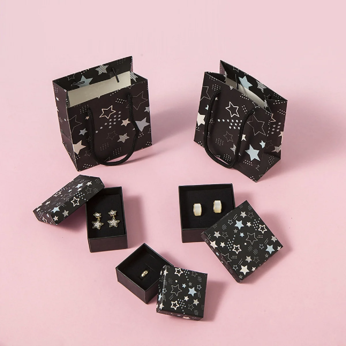 Black Square Shape Gift Box Star Ring Necklace Bracelet Key Chain Studs Dangling Earrings jewelry Display Storage Charms Fashion