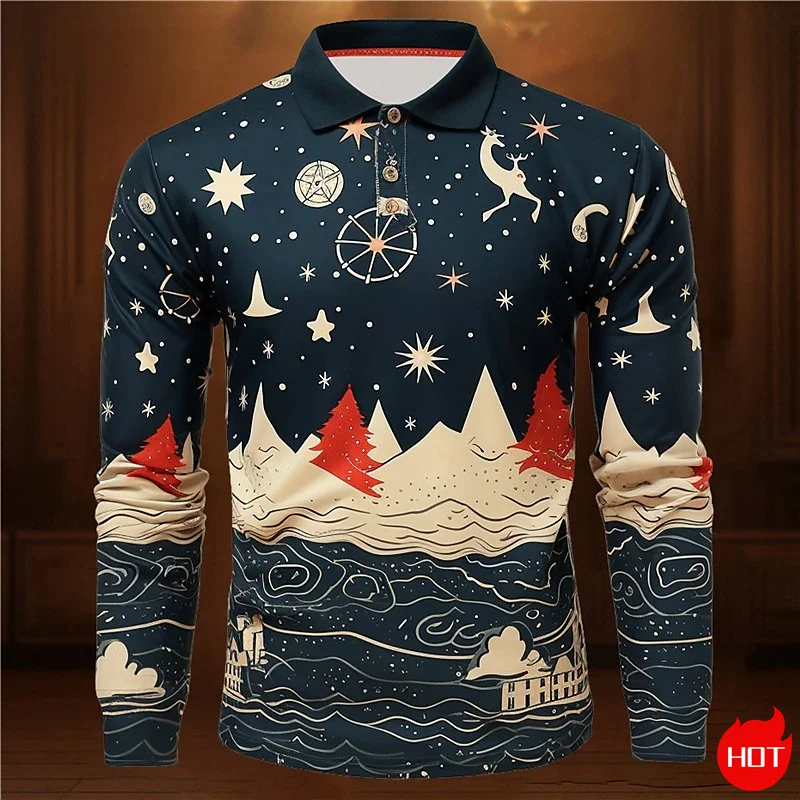 3D Happy Christmas Printed Long Sleeve Polo Shirt Santa Claus Xmas Graphic Men's Polo Shirts Cute Reindeers Shirts For Men Polos