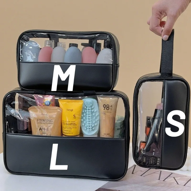 

Women's Clear PU Cosmetic Bag Simple Black Makeup Storage Organizer Waterproof Multiple Sizes Splicing Travel Toiletries Pouch