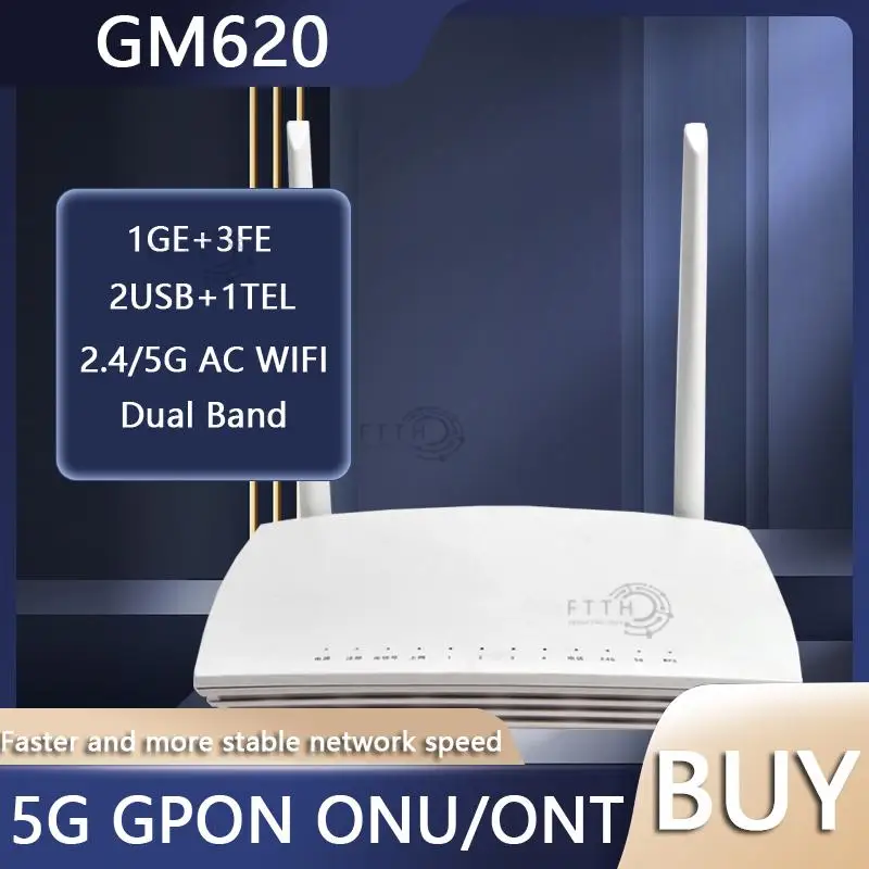 

GM620 GPON ONT ONU FTTH Dual Band 1GE+3FE+1POT+2USB 2.4G/5G AC WIFI Modem Network Terminal Second Hand Without Power Supply